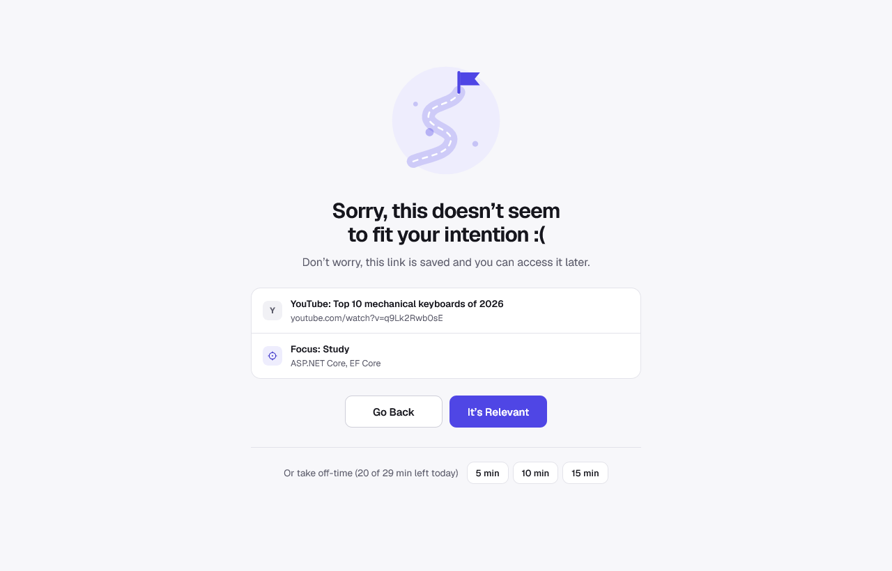 Keeptoit's blocked page: a YouTube video doesn't fit the focus block Study, with Go Back, It's Relevant and off-time buttons