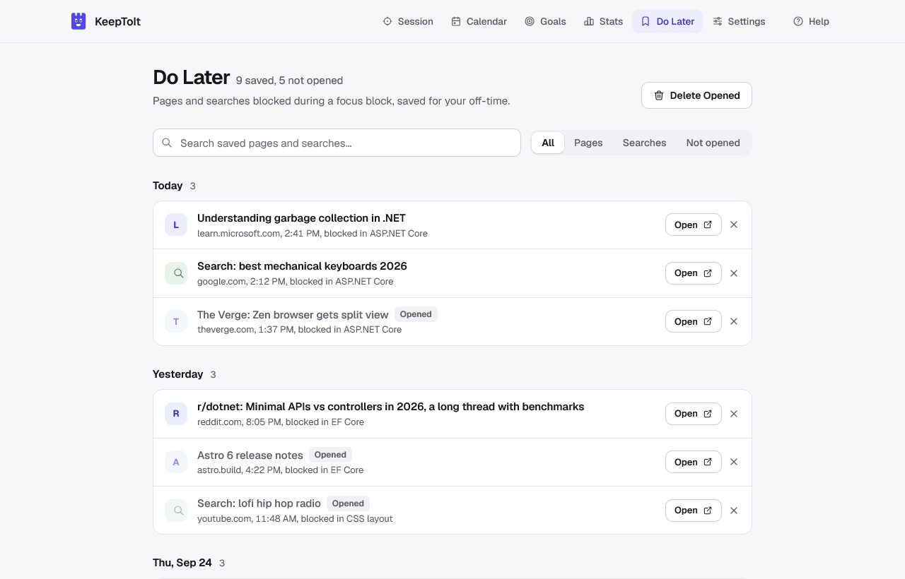 The Do Later list: blocked pages and searches grouped by day, each with an Open button